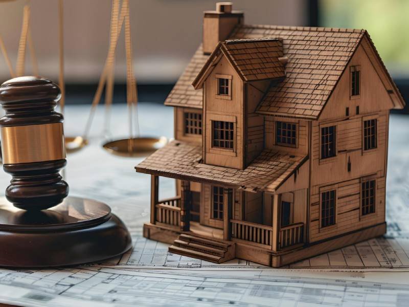 Legal concepts illustrated with gavel house model and real estate
